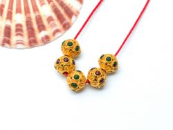 18K Solid Yellow Gold Roundel Shape 8X8mm Bead With Stone Studded, SGTAN-0627, Sold By 1 Pcs.