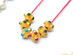 18K Solid Yellow Gold Handmade Roundel Shape 6x7 mm Bead With Stone Studded, SGTAN-0654, Sold By 1 Pcs.