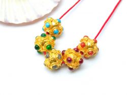 18K Solid Yellow Gold Handmade Roundel Shape 9x10mm Bead With Stone Studded, SGTAN-0677, Sold By 1 Pcs.