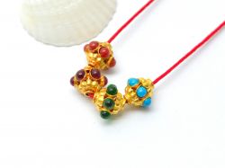 18K Solid  Yellow Gold Beads With  Hydro Emerald and Ruby Stone  - SGTAN-0719, Sold By 1 Pcs.