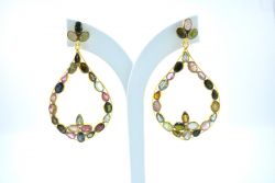 925 Sterling Earring Silver Earring in Multi Tourmaline,Chandelier, Natural Tourmaline With 6.3cm Size