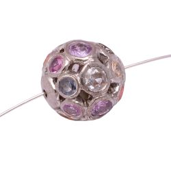 925 Sterling Silver Round Shape, Pave Diamond Bead With Natural Multi Sapphire Stone.