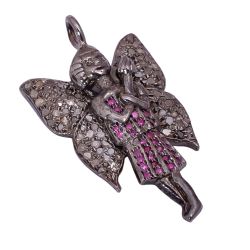 925 Sterling Silver Pave Diamond Pendant Studded With Ruby Stone - 35X19 MM, F-70