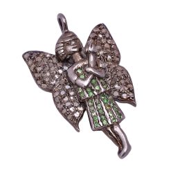 925 Sterling Silver Pave Diamond Pendant With Peridot Stone - 35X19 MM, F-92
