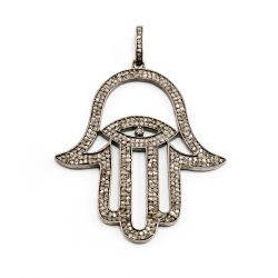 925 Sterling Silver Hands of Hamsa  Shape Pave Diamond Pendant-  54.00x45.00mm.
