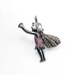 925 Sterling Silver Pave Diamonds Pendant With Ruby Stone, Angel Shape-34.00x20.00mm, Black Rhodium Plating. Sold By 1 Pcs, F-1206
