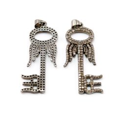 925 Sterling Silver Pave Diamonds Pendant, Key Charm Shape- 38.00x13.00mm, Black Rhodium Plating. Sold By 1 Pcs, F-1215