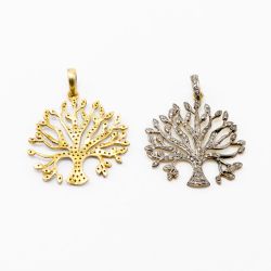 925 Sterling Silver Pave Diamonds Pendant, Tree Of Life Shape- 32.00x30.00mm, Gold And Black Rhodium Plating. Sold By 1 Pcs, F-1221