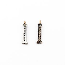925 Sterling Silver Pave Diamonds Charm, Bone Shape- 19.00x3.00mm, Black /White Rhodium Plating. Sold By 1 Pcs, F-1226