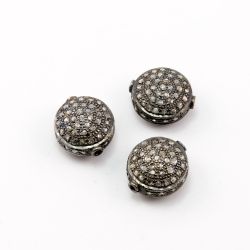 925 Sterling Silver Pave Diamond Bead, Puff Coin Shape-16.00x14.00mm, Black Rhodium Plating. Sold By 1 Pcs, F-1238