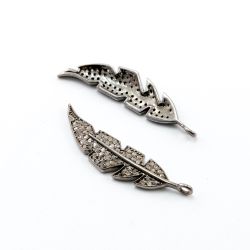 925 Sterling Silver Pave Diamond Pendant,  Leaf Shape-35.00x8.00mm, Black Rhodium Plating. Sold By 1 Pcs, F-1342