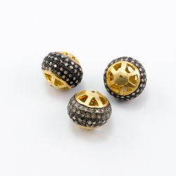 925 Sterling Silver Pave Diamond Bead, Roundel Shape-15.00x13.50mm, Gold And Black Rhodium Plating. Sold By 1 Pcs, F-1344