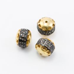 925 Sterling Silver Pave Diamond Bead, Drum Shape-12.00x13.00mm, Gold And Black Rhodium Plating. Sold By 1 Pcs, F-1345