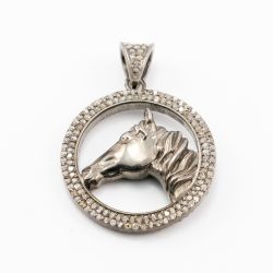 925 Sterling Silver Pave Diamond Pendant, Horse Shape-28.00x24.50mm, Black / White Rhodium Plating. Sold By 1 Pcs, F-1357
