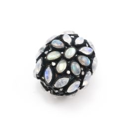 925 Sterling Silver Pave Diamond Bead With Natural Opal Stone, Oval Shape-24.50x21.50x17.50mm, Black Rhodium Plating. Sold By 1 Pcs, F-1375