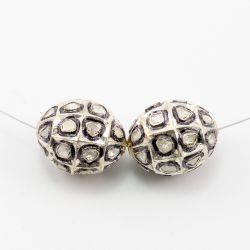 925 Sterling Silver Pave Diamond Beads with Polki Diamond, Oval Shape,22.50x19.00 mm, Black And White Rhodium Plating. Sold By 1 Pcs, F-1425