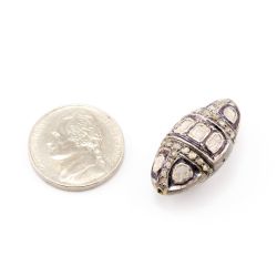 925 Sterling Silver Pave Diamond Beads with Polki Diamond, Oval Shape-27.50x15.00x12.00 mm, Black /White Rhodium Plating. Sold By 1 Pcs, F-1433