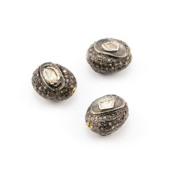 925 Sterling Silver Pave Diamond Beads with Polki Diamond, Oval Shape-13.00x10.50x9.00 mm, Black And White Rhodium Plating. Sold By 1 Pcs, F-1437