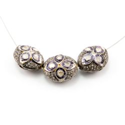 925 Sterling Silver Pave Diamond Beads with Polki Diamond, Oval Shape-15.50x13.00x9.50 mm, Black And White Rhodium Plating. Sold By 1 Pcs, F-1442