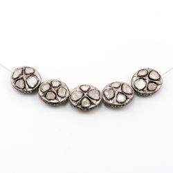 925 Sterling Silver Pave Diamond Beads with Polki Diamond, Oval Shape-19.00x17.00x8.00 mm, Black And White Rhodium Plating. Sold By 1 Pcs, F-1444