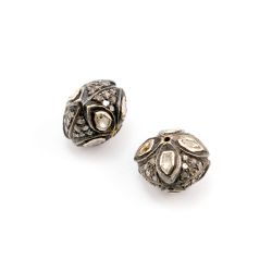 925 Sterling Silver Pave Diamond Beads with Polki Diamond, Cushion Shape-11.50x1.50x9.50 mm, Black And White Rhodium Plating. Sold By 1 Pcs, F-1447