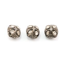 925 Sterling Silver Pave Diamond Beads with Polki Diamond, Cushion Shape-11.50x11.50x9.50 mm, Black And White Rhodium Plating. Sold By 1 Pcs, F-1448