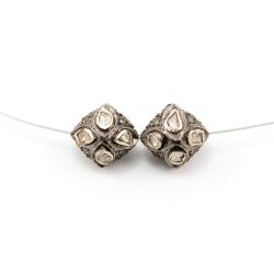 925 Sterling Silver Pave Diamond Beads with Polki Diamond, Square Shape-12.00x11.00x9.50 mm, Black And White Rhodium Plating. Sold By 1 Pcs, F-1449A