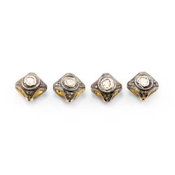 925 Sterling Silver Pave Diamond Beads with Polki Diamond, Square Shape-10.50x10.50x9.00 mm, Black And White Rhodium Plating. Sold By 1 Pcs, F-1450