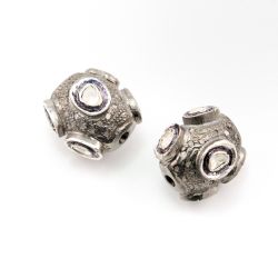 925 Sterling Silver Pave Diamond Beads with Polki Diamond, Fancy Shape-15.00x15.00x13.00 mm, Black And White Rhodium Plating. Sold By 1 Pcs, F-1451