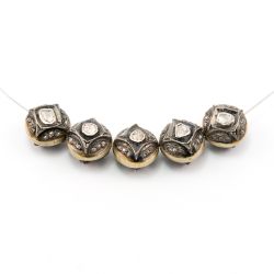 925 Sterling Silver Pave Diamond Beads with Polki Diamond, Round Shape-11.00x9.00 mm, Gold And Black/ White Rhodium Plating. Sold By 1 Pcs, F-1456