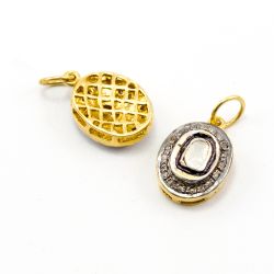 925 Sterling Silver Pave Diamond Pendant with Polki Diamond, Oval Shape-19.00x13.00x6.00mm, Gold And Black/White Rhodium Plating. Sold By 1 Pcs, F-1465