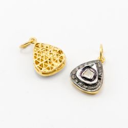 925 Sterling Silver Pave Diamond Pendant with Polki Diamond, Heart Shape-19.00x14.00x6.00mm, Gold And Black/White Rhodium Plating. Sold By 1 Pcs, F-1467
