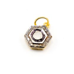 925 Sterling Silver Pave Diamond Pendant with Polki Diamond, Hexagon Shape-15.50x11.00mm, Gold And Black/White Rhodium Plating. Sold By 1 Pcs, F-1468
