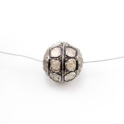 925 Sterling Silver Pave Diamond Bead with Polki Diamond, Roundel Shape-14.00x15.00mm, Black/White Rhodium Plating. Sold By 1 Pcs, F-1471