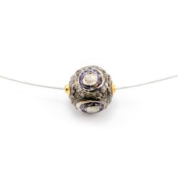 925 Sterling Silver Pave Diamond Bead with Polki Diamond, Roundel Shape-12.50x11.50mm, Black/White Rhodium Plating. Sold By 1 Pcs, F-1472