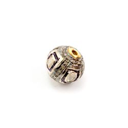 925 Sterling Silver Pave Diamond Bead with Polki Diamond, Roundel Shape-11.00x11.50 mm, Black/White Rhodium Plating. Sold By 1 Pcs, F-1476