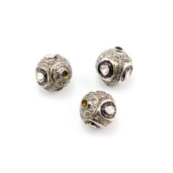 925 Sterling Silver Pave Diamond Bead with Polki Diamond, Roundel Shape-10.00x11.00 mm, Black/White Rhodium Plating. Sold By 1 Pcs, F-1477