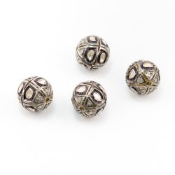 925 Sterling Silver Pave Diamond Bead with Polki Diamond, Round Shape-15.00x15.00 mm, Black/White Rhodium Plating. Sold By 1 Pcs, F-1478