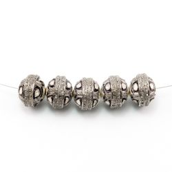 925 Sterling Silver Pave Diamond Bead with Polki Diamond, Roundel Shape-15.00x13.00 mm, Black/White Rhodium Plating. Sold By 1 Pcs, F-1481