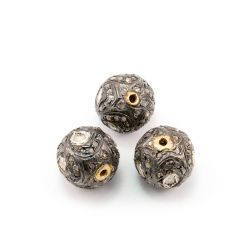 925 Sterling Silver Pave Diamond Bead with Polki Diamond, Round Ball Shape-12.50 mm, Gold And Black/White Rhodium Plating. Sold By 1 Pcs, F-1482