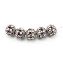 925 Sterling Silver Pave Diamond Beads with Polki Diamond, Roundel Shape-12.00x13.00mm, Black/White Rhodium Plating. Sold By 1 Pcs, F-1487