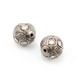 925 Sterling Silver Pave Diamond Beads with Polki Diamond, Roundel Shape-13.50x14.00mm, Black/White Rhodium Plating. Sold By 1 Pcs, F-1488