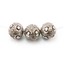 925 Sterling Silver Pave Diamond Beads with Polki Diamond, Roundel Shape-15.00x15.50mm, Black/White Rhodium Plating. Sold By 1 Pcs, F-1490