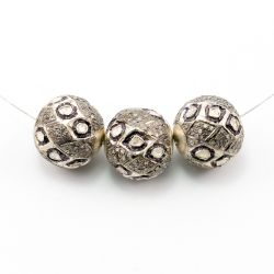 925 Sterling Silver Pave Diamond Beads with Polki Diamond, Round Ball Shape-16.00x16.00mm, Black/White Rhodium Plating. Sold By 1 Pcs, F-1496