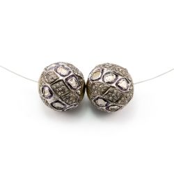925 Sterling Silver Pave Diamond Beads with Polki Diamond, Roundel Shape-15.50x16.00mm, Black/White Rhodium Plating. Sold By 1 Pcs, F-1500
