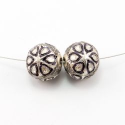 925 Sterling Silver Pave Diamond Beads with Polki Diamond, Roundel Shape-16.00x17.00mm, Black/White Rhodium Plating. Sold By 1 Pcs, F-1503