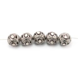925 Sterling Silver Pave Diamond Beads with Polki Diamond, Round Ball Shape-12.00x12.50mm, Black/White Rhodium Plating. Sold By 1 Pcs, F-1507