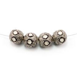 925 Sterling Silver Pave Diamond Beads with Polki Diamond, Roundel Shape-12.50x13.00mm, Black/White Rhodium Plating. Sold By 1 Pcs, F-1508
