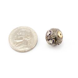 925 Sterling Silver Pave Diamond Beads with Polki Diamond, Roundel Shape-12.00x13.00mm, Black/White Rhodium Plating. Sold By 1 Pcs, F-1509