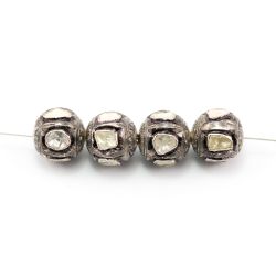 925 Sterling Silver Pave Diamond Beads with Polki Diamond, Roundel Shape-13.50x14.00mm, Black/White Rhodium Plating. Sold By 1 Pcs, F-1510